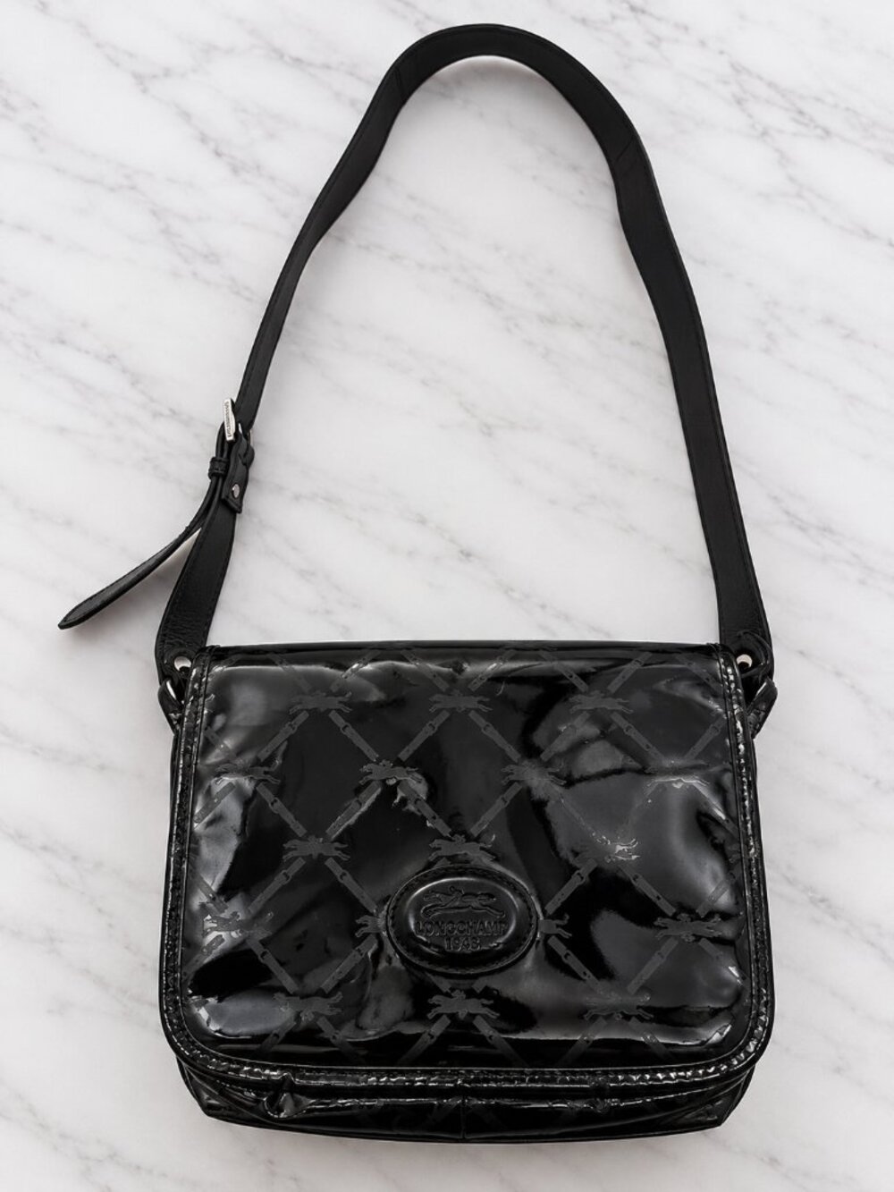 Longchamp Black Patent Leather Logo CrossbodyBag